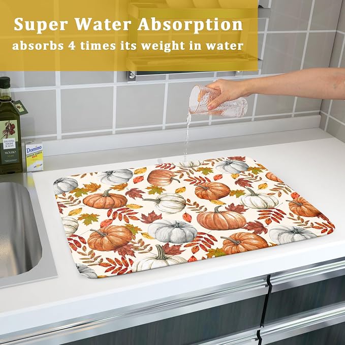 Fall Dish Drying Mat for Kitchen Counter 18x24 Inch Fall Pumpkin Kitchen Mat Thanksgiving Harvest Drying Mats Absorbent Reversible Dish Pad Autumn Maple Leaves Draining Mat for Countertop Protector