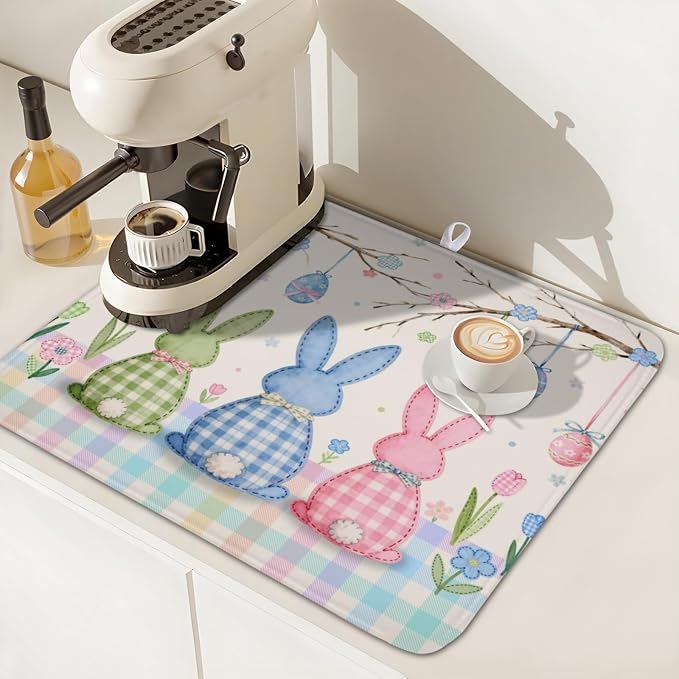 Easter Bunny Dish Drying Mat for Kitchen Counter 16 x 18 Inch Rabbit Eggs Dish Drainer Mat Absorbent Microfiber Dish Rack Pad for Spring Holiday Coffee Dining Bar Decor