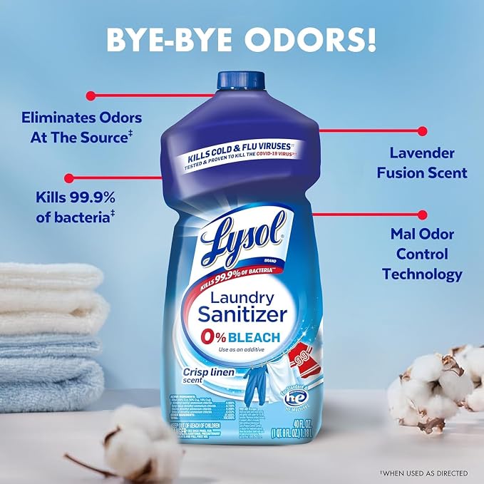 Lysol Disinfectant Laundry Sanitizer, Laundry Detergent Additive, Color Safe Bleach Alternative, Laundry Odor Eliminator, Kills Bacteria & Viruses, Crisp Linen Scent, 40 fl oz (pack of 4)