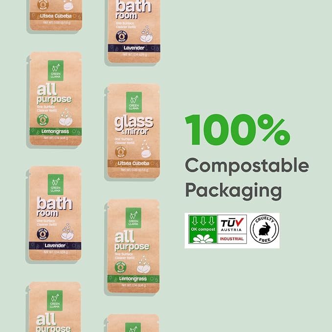 Green Llama Eco-Friendly and Sustainable All-Purpose Refill Tablets | 3-Pack | Lemon Grass Scent | Natural Cleaning Solution for Home with Certified Compostable Packaging