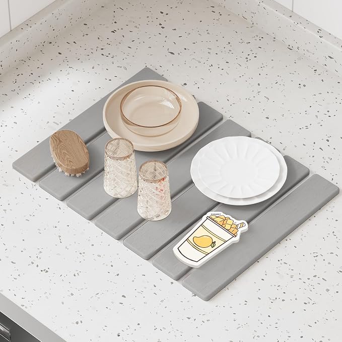 Stone Dish Drying Mat for Kitchen Counter,15.5''x11.8'' Foldable Quick Dry Stone Kitchen Mat,Eco-Friendly,Absorbent Diatomaceous Earth Mats for Dishes Bottles Cups Bathroom Any Countertop-Light Gray