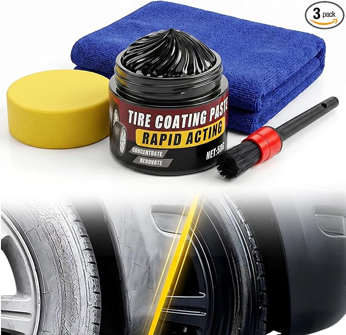 Premium Tire Coating Paste & Black Trim Restorer, Drip-Free Ceramic Rubber Polishing Wax Revives Deep Shine, UV Protection for Auto Interior Exterior, Includes Brush Towel & Sponge (1PC)