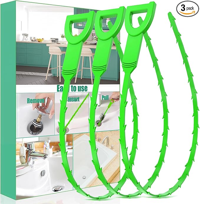 Drain Snake Hair Drain Clog Remover - 3 Pack Shower Snake Sink Unclogger Tool with Exquisite Packaging (Green)