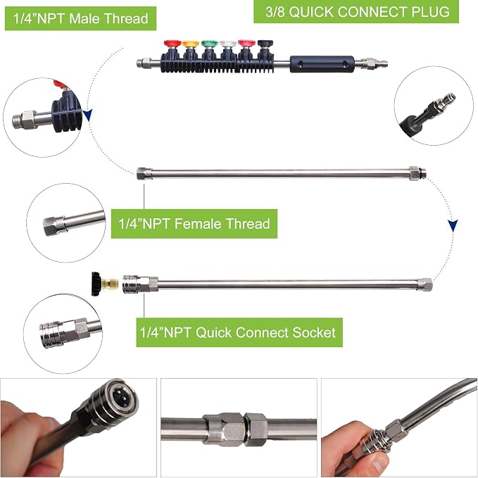Hourleey 9 Pack Pressure Washer Extension Wand Upgrade Power Washer Lance with 6 Nozzle Tips, 30°,90°,120° Curved Rod, 1/4" Quick Connect, 4000 PSI