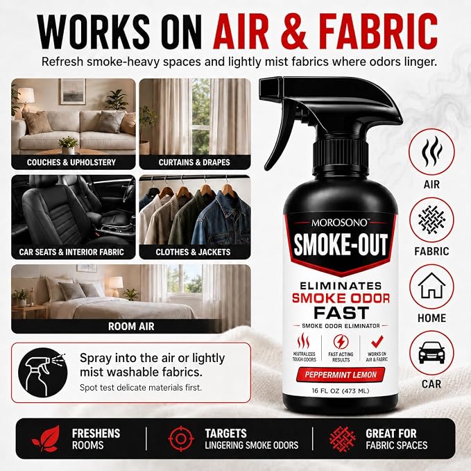 Smoke-Out Smoke Odor Eliminator Spray, 16 oz Peppermint Lemon Deodorizer for Car, Home, Clothes, Fabric, Cigarette, Cigar, Pet and Food Odors