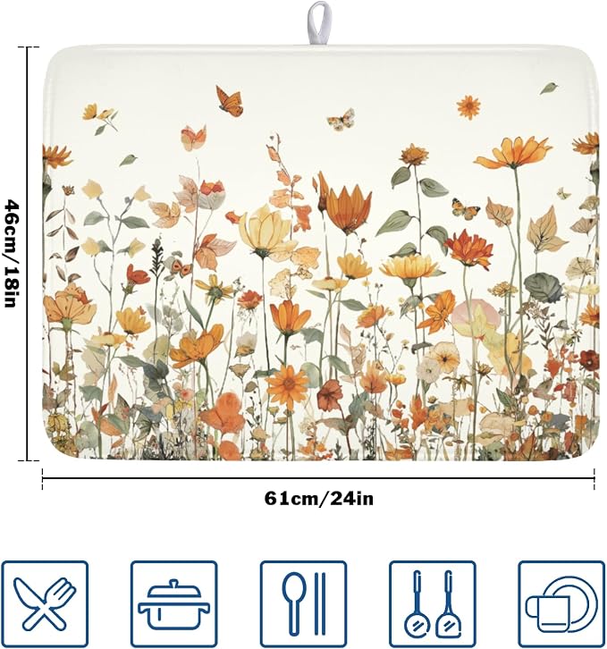 Fall Floral Dish Drying Mat for Kitchen Counter Orange Rustic Vintage Wildflower Pattern Microfiber Dish Drainer Mat Autumn Absorbent Washable Drying Pad Extra Large 18"x24"