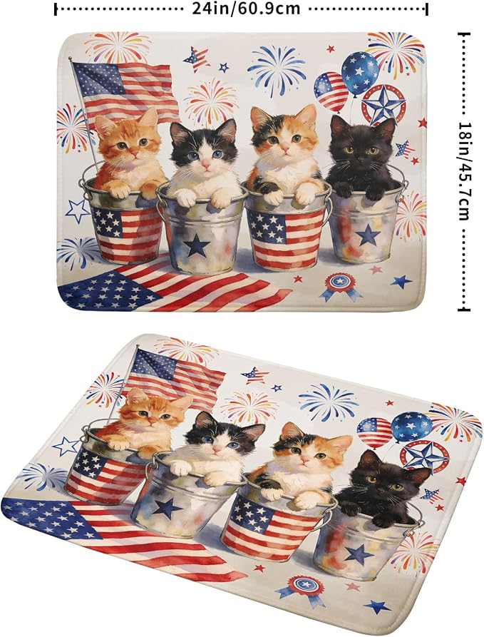 Vintage Patriotic Dish Drying Mat Cute Cats American Flag Drying Matt Kitchen Counter for Home Decor