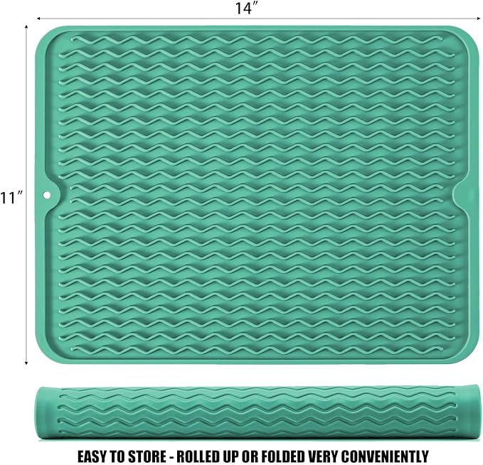 Large 14" x 11" Silicone Dish Drying Mat for Kitchen Counter, Easy clean, Quick Dry, Heat-resistant Dish Drainer Mat for Sink,Refrigerator or Drawer liner (Food Grade Silicone-Green)