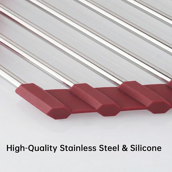 Tomorotec Foldable Stainless Steel Triangle Roll-Up Dish Drying Rack for Small Sink Corners - Over-The-Sink Multipurpose Kitchen Drainer, Rustproof Organizer, Trivet and Shelf - Space-Saving(Wine Red)