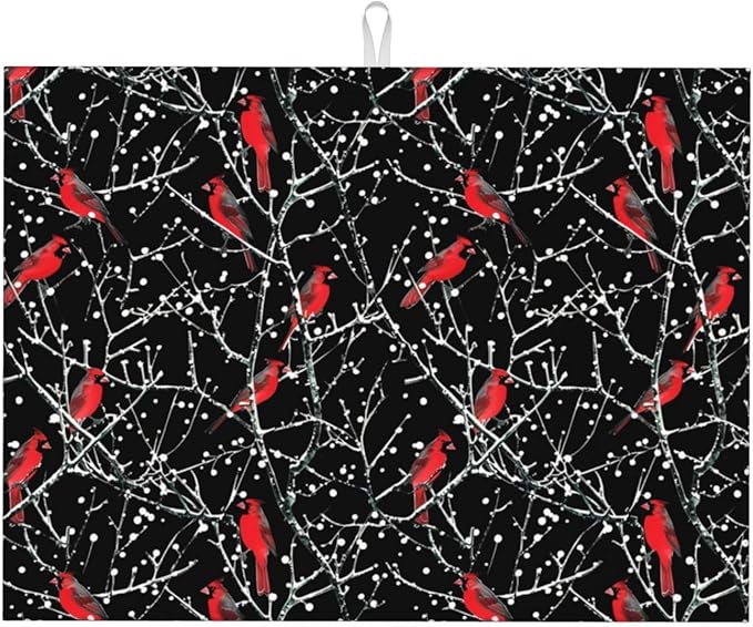 Red Bird Winter Red Cardinals Dish Drying Mat For Kitchen Counter, Super Absorbent Microfiber Dish Drying Pad, Kitchen Gadgets For Easy Clean Multi-Use Large 18"x24"