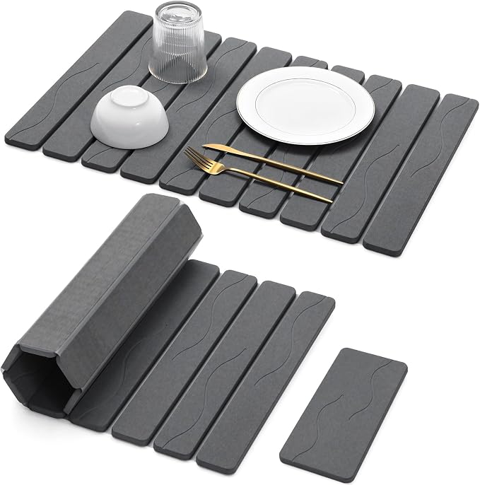 Large Stone Dish Drying Mat for Kitchen Counter, 2PCS Quick Dry Stone Dishes Mat, Foldable Water Absorbing Diatomaceous Drying Organizer Pad for Plates Rack Bottles Utensils(Wave, 24"×16" & 8"x4")