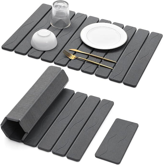 Large Stone Dish Drying Mat for Kitchen Counter, 2PCS Quick Dry Stone Dishes Mat, Foldable Water Absorbing Diatomaceous Drying Organizer Pad for Plates Rack Bottles Utensils(Wave, 24"×16" & 8"x4")