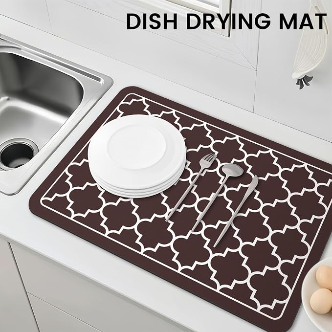 WISELIFE Dish Drying Mat Super Absorbent Drying Mat Large Dish Drying Mats for Kitchen Counter Easy Clean Dish Mat Kitchen Drying Mat16"x 24" Stylish Chocolate