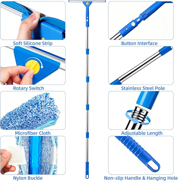 Window Cleaning Kit with 3 Gal Bucket - 14'' Window Squeegee&15'' Scrubber&76'' Long Handle Window Cleaner Tool, Professional Windows Washing Equipment for Home, Commercial Use, Outdoor, Car