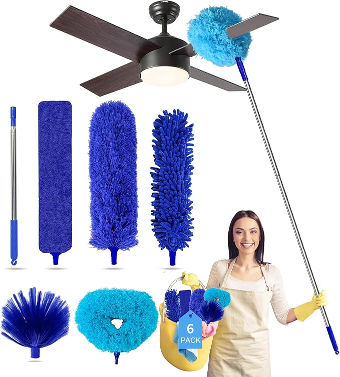 Tiumso Ceiling Fan Cleaner Dusters for Cleaning 6-in-1 Kit, Cobweb Duster with Extension Pole, 100 Inches High Ceiling Fan Blade Cleaners with 5 Reuseable Dusting Heads for Windows and Blinds- Blue