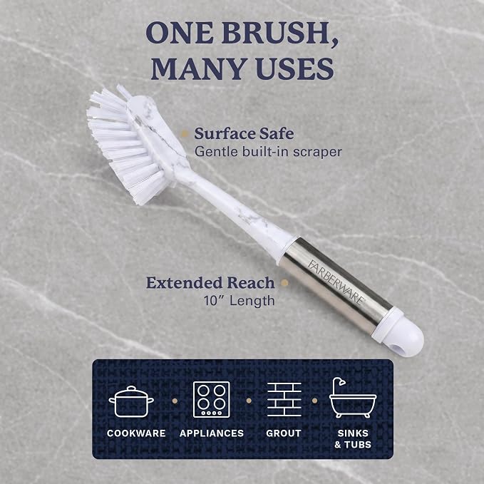 Farberware Dish Brush with Handle, 2 Pack, Firm Bristles | Kitchen scrub brush and dish scrubber removes grease, reaches pot and pan edges, 10in, rectangle head, scraper tip