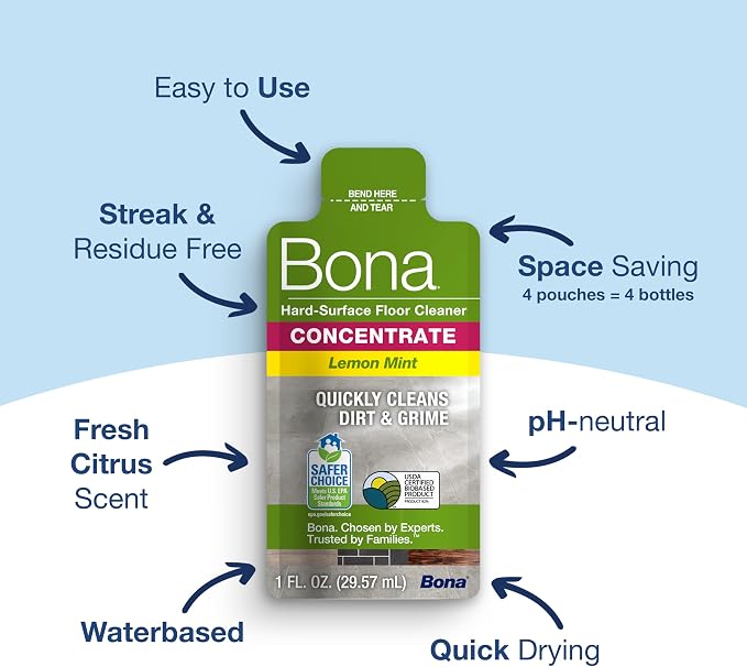 Bona Multi-Surface Floor Cleaner Concentrate, Lemon Mint Scent, 1 fl oz, Pack of 4 (Makes 128 fl oz) Spray Mop and Spray Bottle Refill – For Use on Stone, Tile, Laminate, and Vinyl Floors