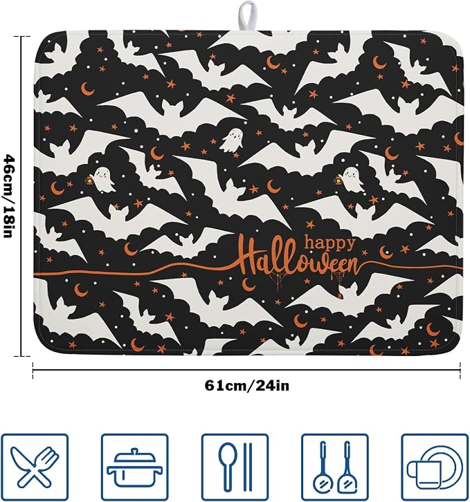 Halloween Drying Mats for Kitchen Counter 18”x24” Happy Halloween Spooky Bat Dishes Pad Microfiber Absorbent Fast Dry Dish Draining Mats Halloween Kitchen Decor Table Protector for Bar Countertop