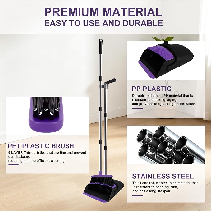 Broom and Dustpan Set, Upright Purple Broom with Dustpan Combo Set 51" Long Handle, Self Cleaning Dust Pan for Home, Kitchen and Office