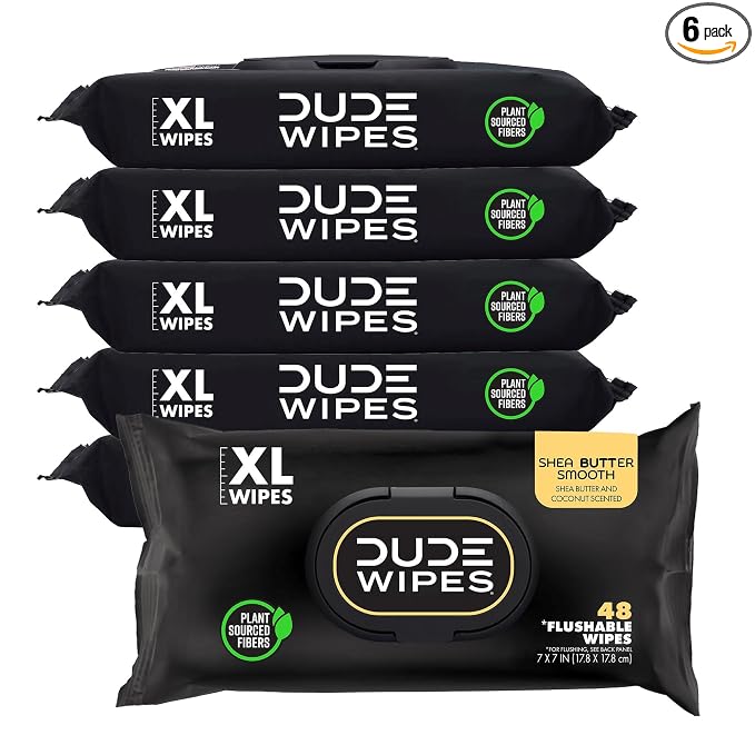 DUDE Wipes Shea BUTTer Flushable Wipes - Extra-Large Adult Wet Wipes - 6 Pack (288 Count) - Infused with Coconut Oil, Vitamin E, and Aloe - Septic and Sewer Safe