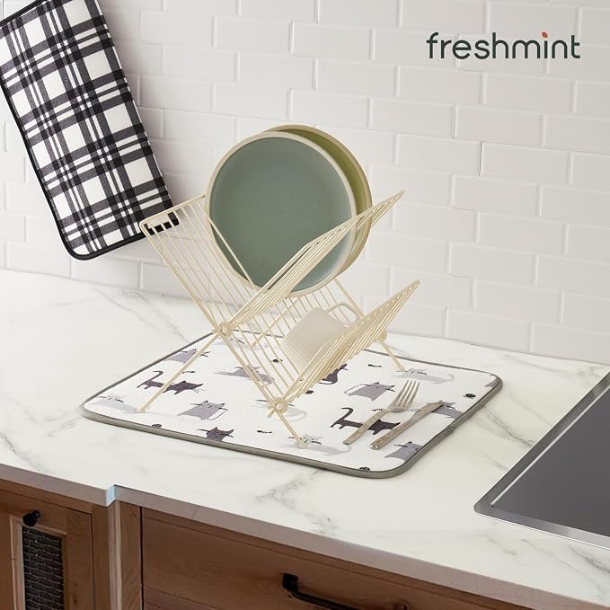 FRESHMINT Printed Dish Drying Mat Set for Kitchen Counter Absorbent Reversible Drying Mats Microfiber Kitchen Countertop Protector Dishes Pad 2 Pack Large Dish Drainer Rack Mat, 18" x 16"