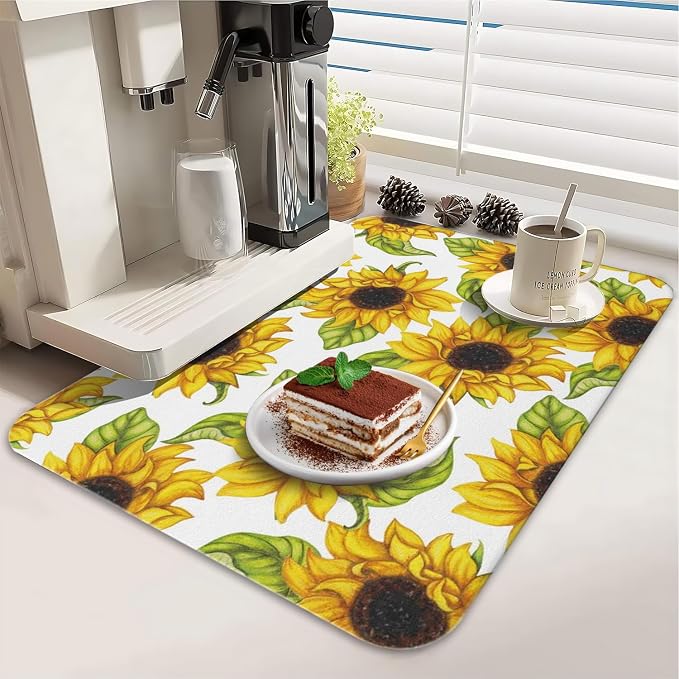 Dish Drying Mat 2-Pack in Sunflower Floral for Kitchen Counter Dishes Mat | Diatom Mud Mats (18x24, 19.5x12"). Non-slip rubber back for kitchen counter, coffee bar & sink scenes