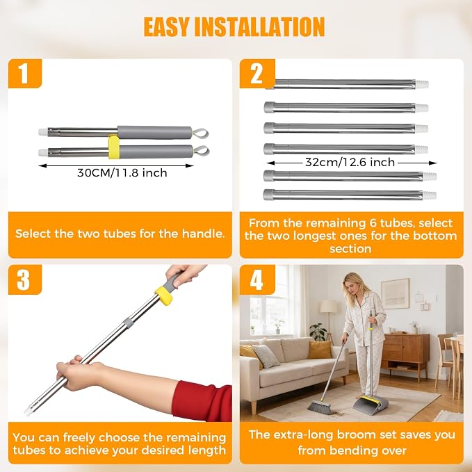 Broom and Dustpan Set, 61-Inch Adjustable Handle, Standing Dustpan | 180° rotating head reaches under furniture; comb teeth remove pet hair and dust for easy indoor and outdoor floor cleaning.