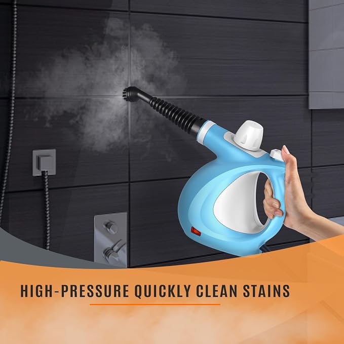 Phueut Pressurized Handheld Multi-Surface Natural Steam Cleaner with 12 pcs Accessories, Multi-Purpose Steamer for Home Use, Steamer for Cleaning Floor, Upholstery, Grout and Car (Blue)