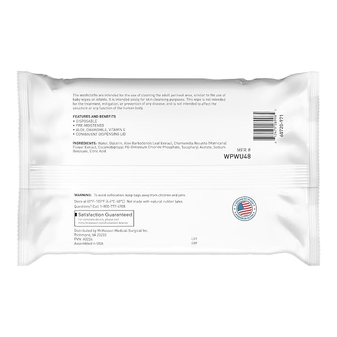 McKesson Washcloth Wipes, Unscented - Disposable Wet Wipes for Adults - Fragrance-Free, Paraben-Free - No-Rinse Formula, 48 Count, 3 Packs, 144 Total