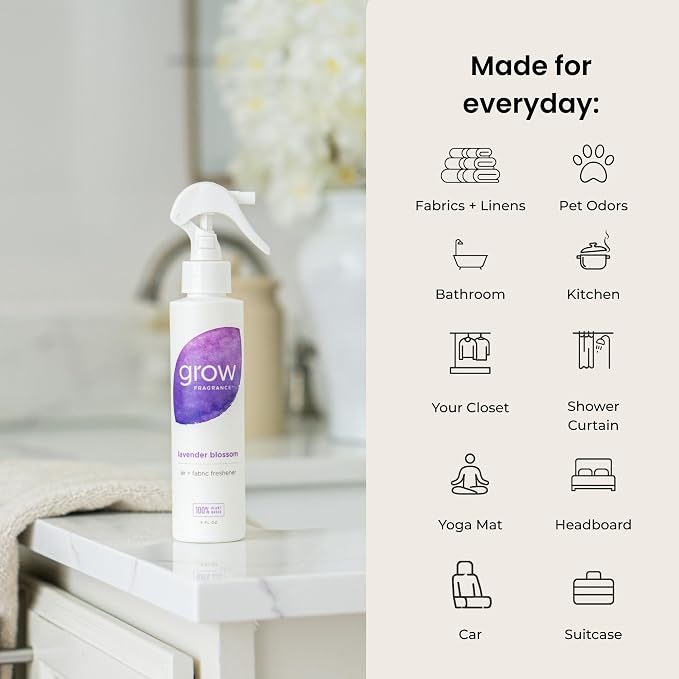 Grow Fragrance Scented Fabric and Room Air Freshener Spray - Certified Non-Toxic, 100% Plant-Based Essential Oils - 5 oz (Lavender Blossom 2-Pack)