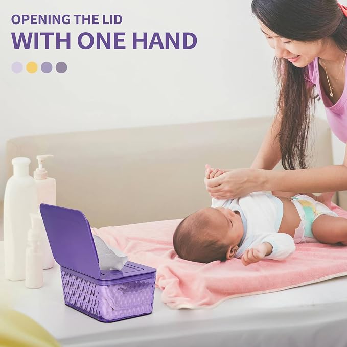 Wipes Dispenser, One-Handed Operation Wipe Holder for Baby & Adult, Seal-Designed Wipes Container for Bathroom Keep Diaper Wipes Fresh (Purple)