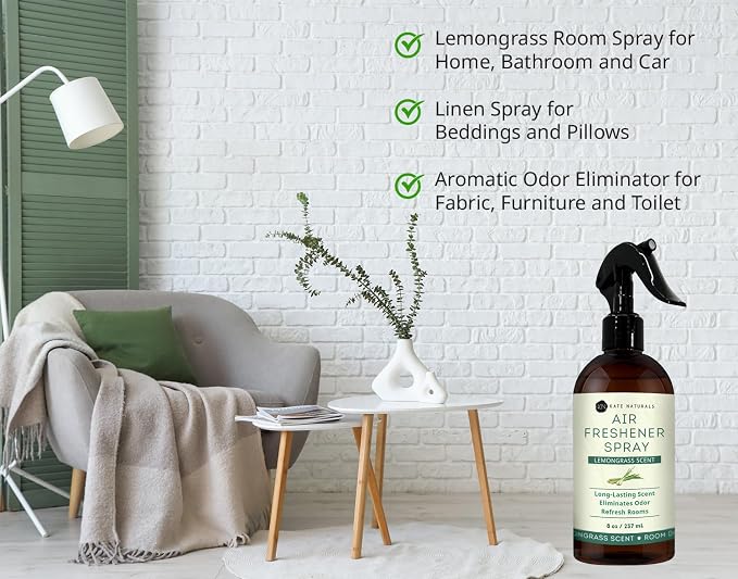 Kate Naturals Air Freshener Spray for Home. Lemongrass Essential Oil Odor Eliminator Room Freshener Spray for Pillows, Bedding, Linen (8 fl oz, Pet Safe, Non-Toxic) | Pet Safe, Non-Toxic, Essential Oil Odor Eliminator Room Freshener Spray for Pillows, ...