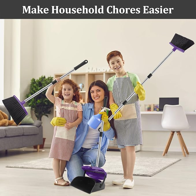 Broom and Dustpan Set, 51" Long Handle Broom with Dustpan Combo Set, Windproof and Self-Cleaning Teeth, Purple Household Dust Pan Set Sweep Kitchen Office Lobby Pet Room