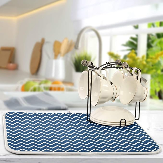 Nautical Navy Stripes Dish Drying Mat for Kitchen, Absorbent Microfiber Drying Pad Dish Mat, 16" X 18"