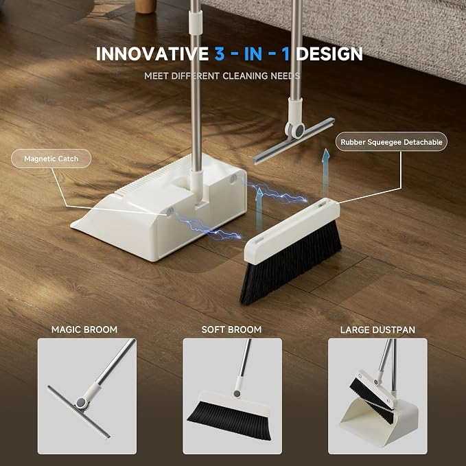 Magnetic Broom and Dustpan Set with Silicone Broom Squeegee, 55'' Broom with Dustpan Combo Set Self-Cleaning Teeth Design Upright Standing Dustpan Blue Microfiber Cloth for Indoor Floor Home Kitchen