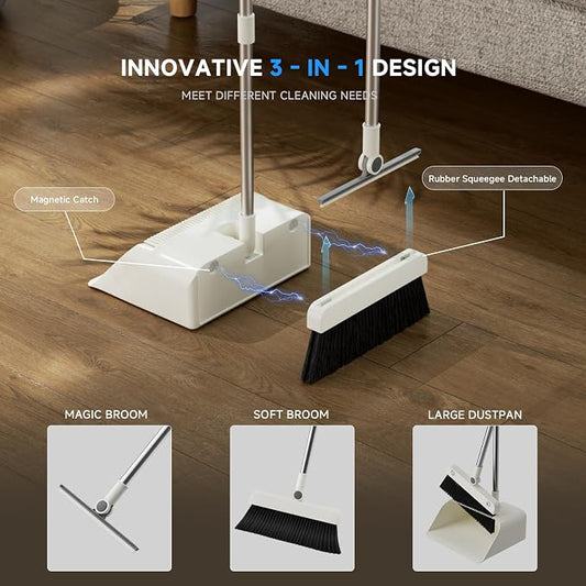 Magic Broom and Dustpan Set with Silicone Broom Squeegee, 55'' Broom with Dustpan Combo Set Self-Cleaning Teeth Design Upright Standing Dustpan for Indoor Floor Home Kitchen