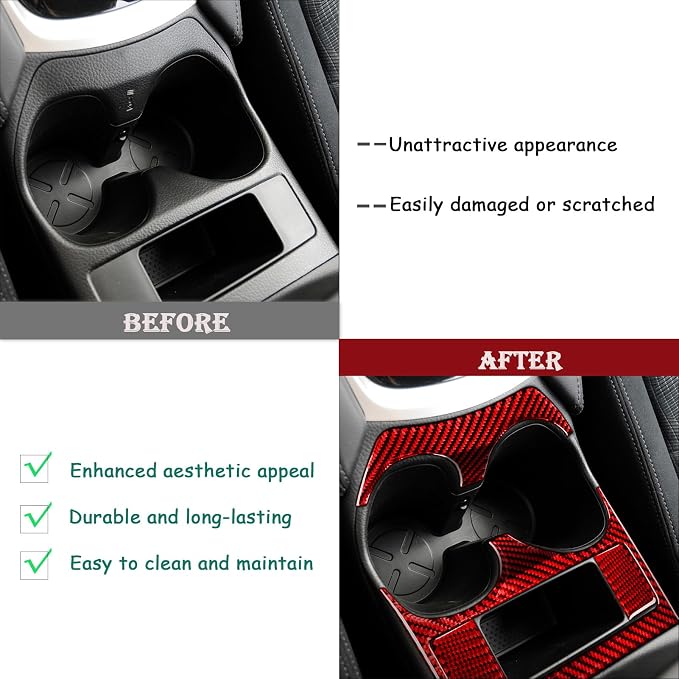 Red Real Carbon Fiber Trim for Nissan Rogue Accessories | for 2014-2020 / Rogue Sport 2017-2022 Cup Holder Panel Sticker Interior Thick Overlay Decal 4PCs
