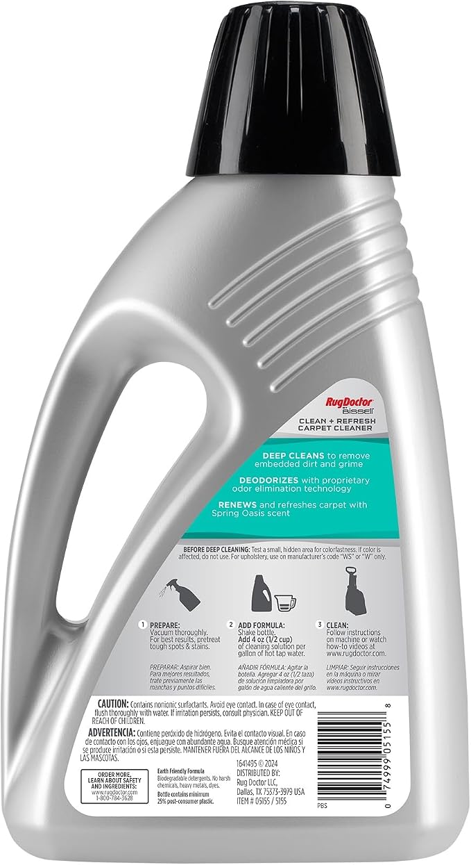 Rug Doctor by BISSELL Clean & Refresh Deep Carpet Cleaner Solution 48 oz | Professional Carpet Shampoo, Triple Action Formula Cleans, Deodorizes and Renews, With a Clean Scent of Spring Oasis