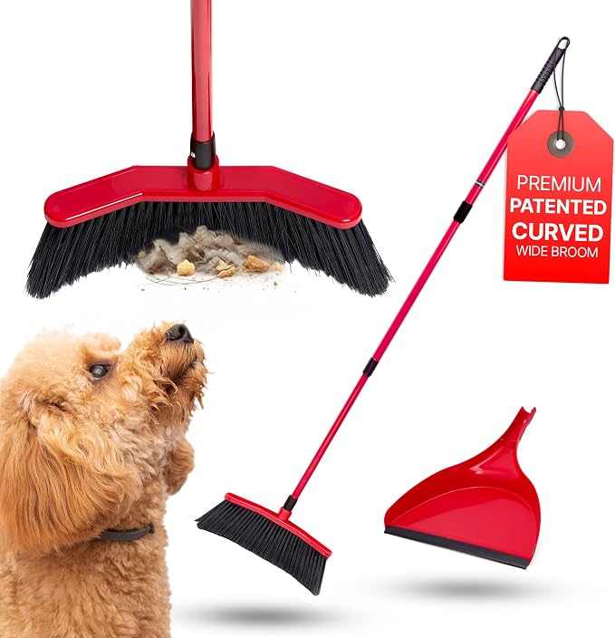 with Dustpan Combo Set, 16-Inch Curved Head | 52" adjustable telescopic handle, soft PVC bristles, indoor outdoor kitchen sweep, clears pet hair, dust, debris