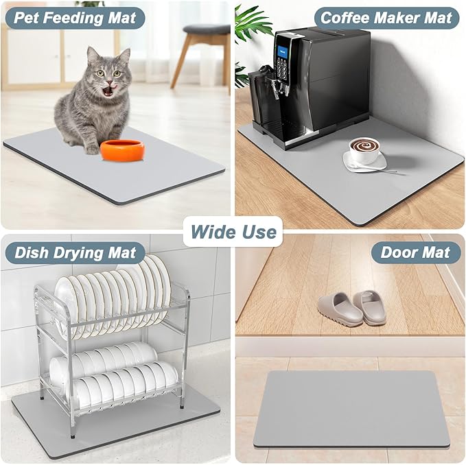 Rnivvi Coffee Mat, 16" x 24" Coffee Bar Mats for Espresso Machine Station Accessories and Organizer, Hide Stain Rubber Backed Absorbent Dish Drying Pad for Kitchen Counter, Cute Bar Decor Pad, Gray
