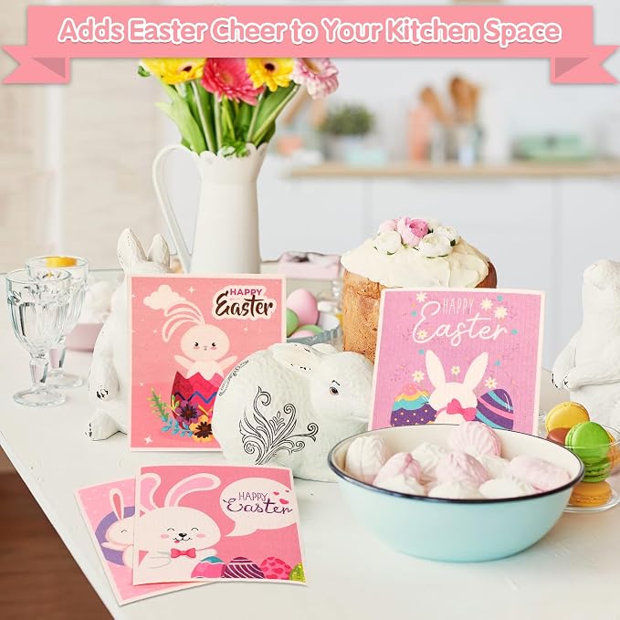 Easter Swedish Dishcloth Set of 10, Super Absorbent Swedish Kitchen Dish Cloths Reusable Paper Towels Cleaning Rags for Dishes Quick Drying, Easter Cute Bunny Rabbit Egg Prints Decorative Wipes