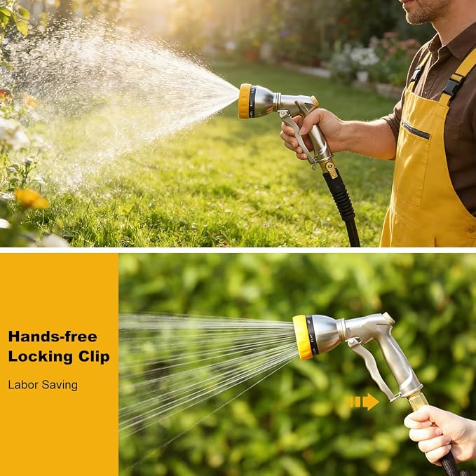FANHAO Heavy Duty Metal Garden Hose Nozzle, High Pressure Sprayer Leakproof | 7 Adjustable Spray Patterns, Rustproof Zinc Alloy, Hands-Free Lock, Shockproof Bezel Water Nozzle for Lawn, Plant, Car & Pet