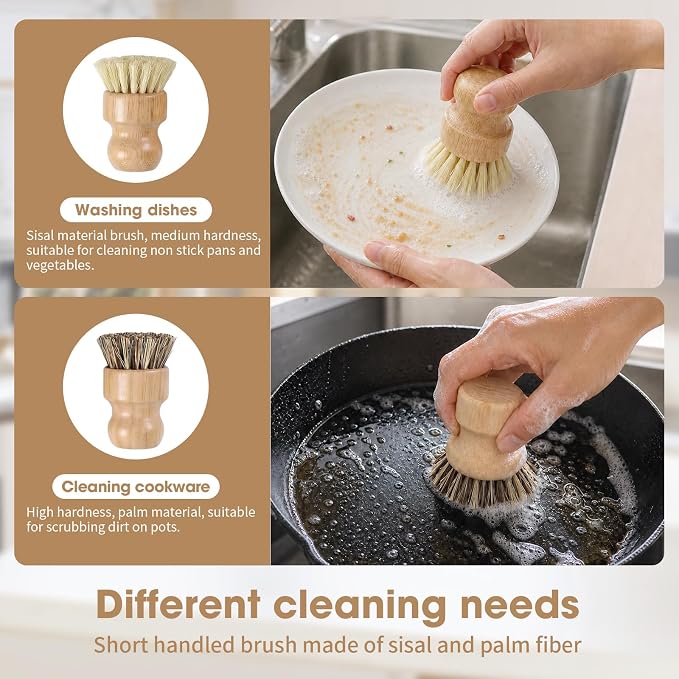 6 Pack Bamboo Dish Brush & Sponge Set, Wooden Handle Kitchen Scrub Brushes with Natural Sisal & Palm Fiber Heads, Multi-Purpose Dishwashing Cleaner for Dishes, Pots, Bottles, Vegetables