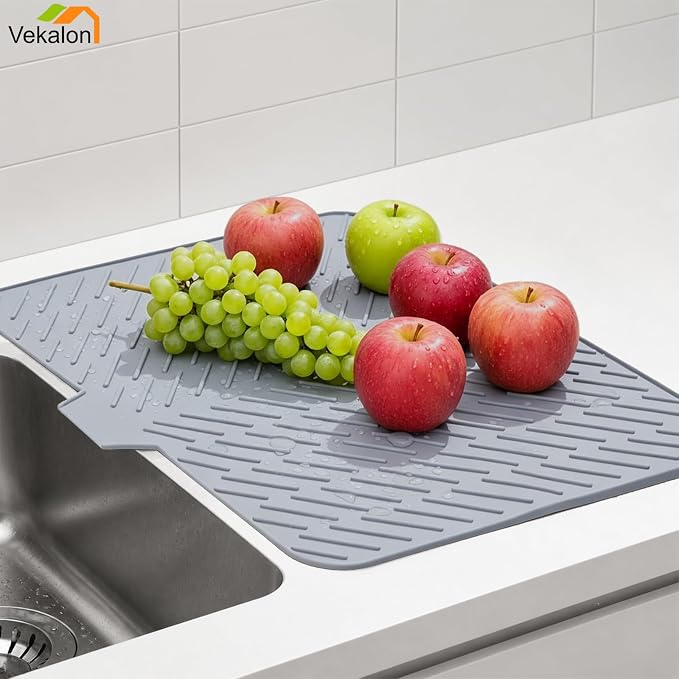 Large Silicone Dish Drying Mat – 23"x17" Sloped Sink Draining Tray with Sponge Holder for Kitchen Counter, Angled Surface for Water Drainage, Silicone Rack Mat with Drain Lip(Gray)
