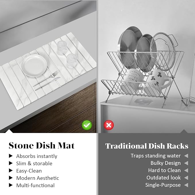 2 PCS Large Stone Dish Drying Mat for Kitchen Counter, 28"×16" Marble Dish Drying Mat with 8"x 4" Coasters, Non - Slip Collapsible Absorbent Mat for Multi - Purpose, Match Any Countertop【White】