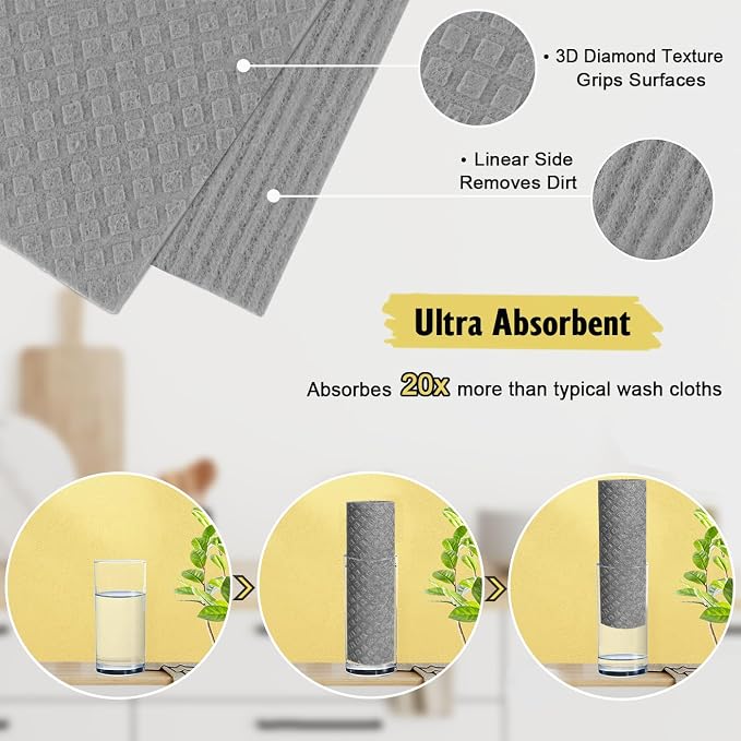 MoLKENE Swedish Dishcloths for Kitchen | 6 Pack Absorbent Cellulose Sponge Cloths Washable | Non-Scratch Reusable Paper Towels Quick Drying Cleaning Cloths - Grey