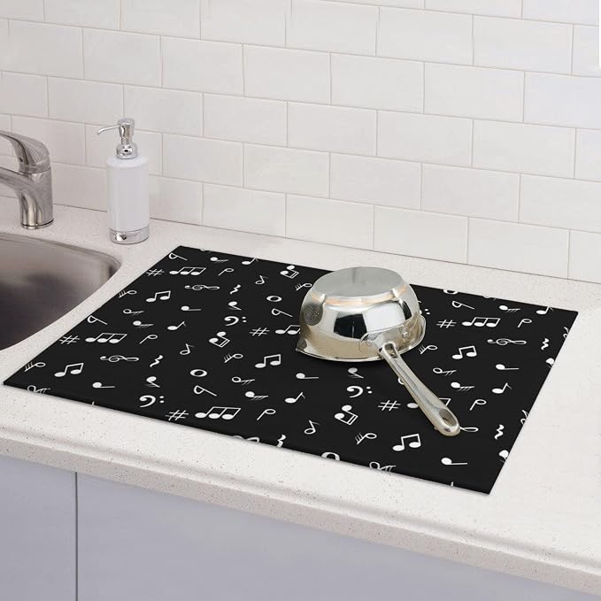 Music Notes Dish Drying Mat for Kitchen Counter Musicial Dish Drainer Rack Mats 16x18 Inches Absorbent Reversible Black Drying Pad