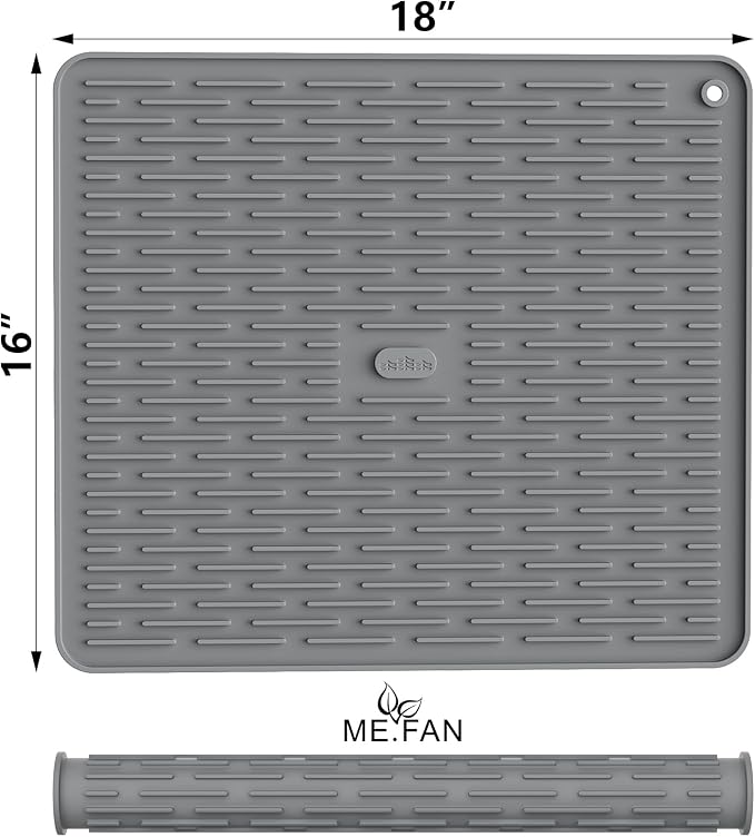 ME.FAN Silicone Dish Drying Mat for Kitchen Counter, Dish Drying Pad for Sink, Refrigerator or Drawer, Countertop Protection Pad L - 18''×16'' - Grey
