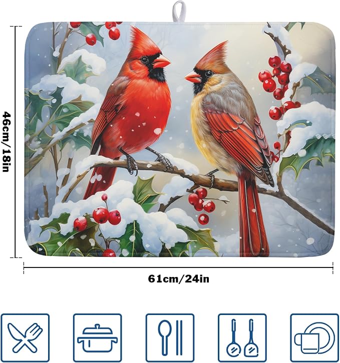Winter Cardinal Birds Dish Drying Mat, Holly Berry Branches Dish Drying Mat for Kitchen Counter, Red Birds Absorbent Fast Dry Dish Drainer Mat Protector Xmas Microfiber Dish Drying Pad 18x24 Inch
