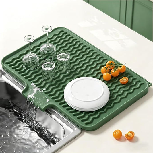 Rnivvi Silicone Dish Drying Mat for Kitchen Counter, 16 x 12" Dish Rack Mat with Drainage Spout, Non-Slip Countertop Protector Heat Resistant Trivet, Drainer Organizer for Home Kitchen Sink , Green
